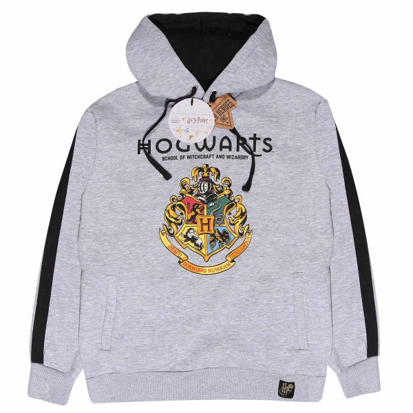 Superheroes Inc. Harry Potter - Hogwarts Crest (Unisex Heather Grey Contrast Pullover Hoodie)