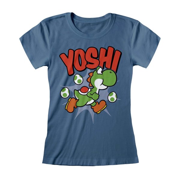 ** Nintendo Super Mario - Yoshi (Womens Indigo Blue Fitted T-Shirt) **