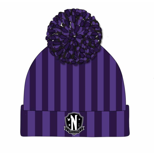 Wednesday - Stripes ( Unisex Purple Pom Beanie) One Size