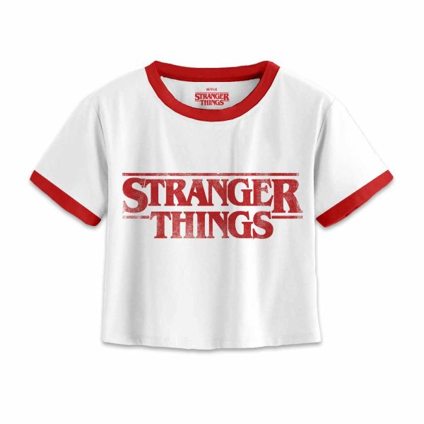 Superheroes Inc. Stranger Things - Distressed Logo (Womens Black Acid Wash Premium Cropped T-Shirt)