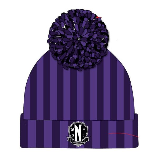 Wednesday Pom-Pom Beanie Nevermore Logo