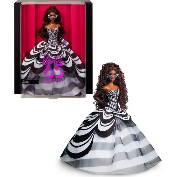 Barbie Signature Sammelpuppe zum 65. Jubiläum mit braunen Haaren und schwarz-weißer Robe - Mattel HRM59 - (Spielzeug / Spielfigur)